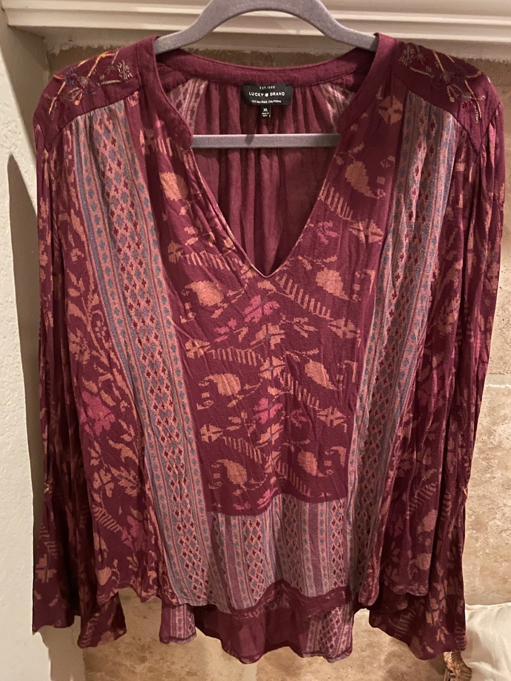 Lucky Brand embroidered belle sleeve blouse peasant boho western Aztec XL